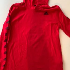 Adidas red long sleeve hooded tee shirt